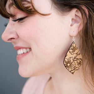 Floral Teardrop Wood Earrings