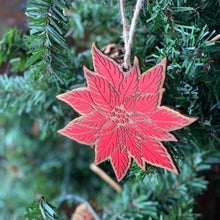 Load image into Gallery viewer, Poinsettia Wood Ornament hanging on tree
