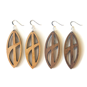Pinched Oval Cross Wood Earrings