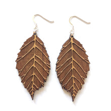 Load image into Gallery viewer, Dark Engraved Leaf Wood Earrings