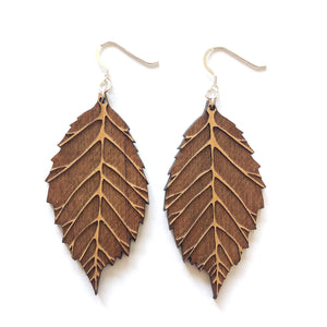 Dark Engraved Leaf Wood Earrings