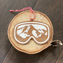 Load image into Gallery viewer, Ski Goggles Wood Ornament on tree stump