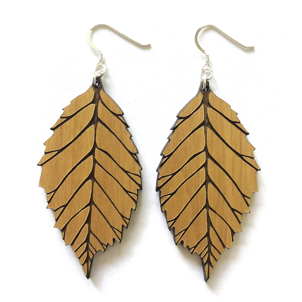 Light Engraved Leaf Wood Earrings