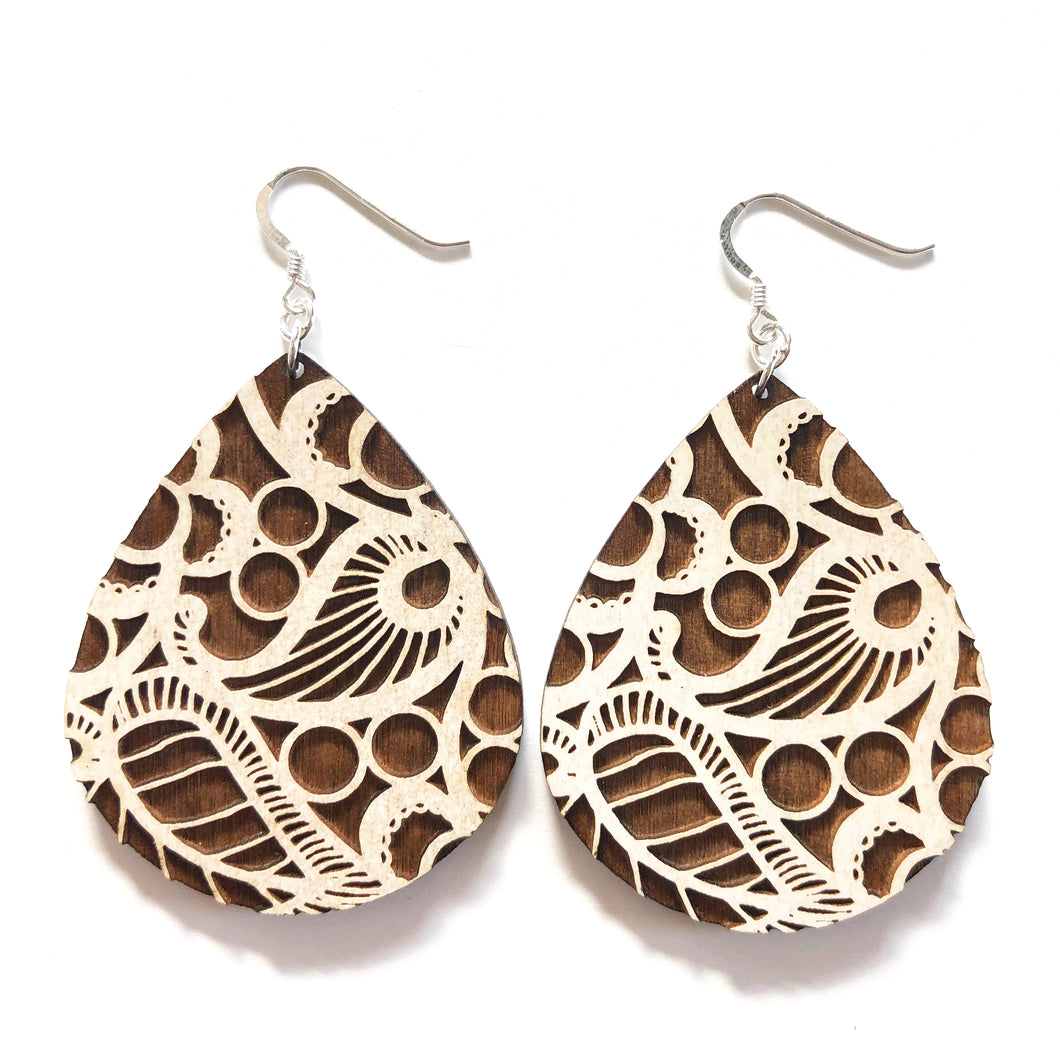 Lace Raindrop Wood Earrings in White