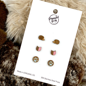 Animal Collection of Studs.  Hedgehog, Cat, Puppy Paws